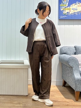 「Dessin（デッサン）のドルマンスリーブ シアーシャツブルゾン（ブルゾン、ブラウン系）」を使った、msatoさん（レディース・155cm）の夏コーディネート
