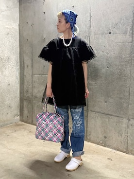 「Maison Calme（メゾンカルム）の【26年春夏新作】シアーオーガンジー ティアードボリュームパフスリーブチュニックワンピース（ワンピース、ブラック系）」を使った、nyamnyam793n さん（レディース・162cm）の夏コーディネート