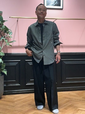 「DRESSTERIOR（ドレステリア）のミニチェックシャツ（シャツ/ブラウス、ブラック系）」を使った、torigoeさん（メンズ・164cm）の春コーディネート