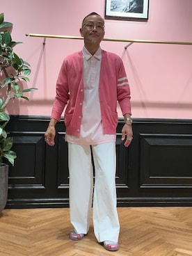 「DRESSTERIOR（ドレステリア）の【ウォッシャブル】コットンシルク ニットカーディガン（カーディガン/ボレロ、ピンク系）」を使った、torigoeさん（メンズ・164cm）の夏コーディネート