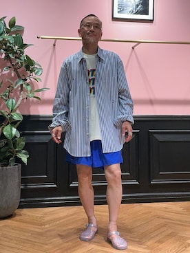 「DRESSTERIOR（ドレステリア）のTHOMAS MASON ストライプシャツ（シャツ/ブラウス、ブルー系）」を使った、torigoeさん（メンズ・164cm）の夏コーディネート