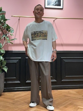 「DRESSTERIOR（ドレステリア）の【ウォッシャブル】サイドゴア ワンタックワイドパンツ（その他パンツ、ブラウン系）」を使った、torigoeさん（メンズ・164cm）の夏コーディネート