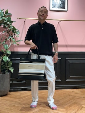 「DRESSTERIOR（ドレステリア）の【干場義雅×DRESSTERIOR】ウォッシャブル ニットポロシャツ（ニット/セーター、ブラック系）」を使った、torigoeさん（メンズ・164cm）の夏コーディネート