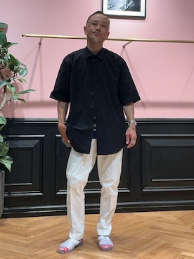 「DRESSTERIOR（ドレステリア）の【干場義雅×K－3B×DRESSTERIOR】ストレッチシャツ（シャツ/ブラウス、ブラック系）」を使った、torigoeさん（メンズ・164cm）の夏コーディネート