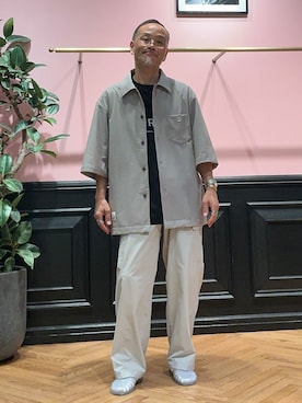 「DRESSTERIOR（ドレステリア）の【接触冷感/UVカット/ウォッシャブル/Safari5月号掲載】AIRTOOL ハーフスリーブシャツ（シャツ/ブラウス、ベージュ系）」を使った、torigoeさん（メンズ・164cm）の夏コーディネート