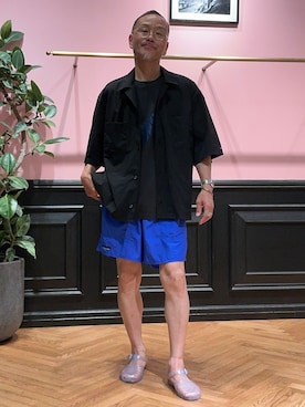 「DRESSTERIOR（ドレステリア）の【セットアップ可】SOLOTEX ストレッチオープンカラーシャツ（シャツ/ブラウス、ブラック系）」を使った、torigoeさん（メンズ・164cm）の春コーディネート