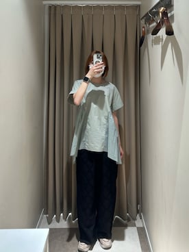 「ITEMS URBANRESEARCH（アイテムズ アーバンリサーチ）のギャザーチュニックブラウス（シャツ/ブラウス、グリーン系）」を使った、nnam74さん（レディース・158cm）の夏コーディネート