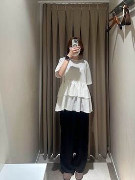 「ITEMS URBANRESEARCH（アイテムズ アーバンリサーチ）のサッカーフリルブラウス（シャツ/ブラウス、ホワイト系）」を使った、nnam74さん（レディース・158cm）の夏コーディネート