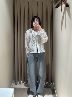 「ITEMS URBANRESEARCH（アイテムズ アーバンリサーチ）のレースクロップドシャツ（シャツ/ブラウス、ホワイト系）」を使った、nnam74さん（レディース・158cm）の春コーディネート