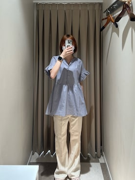 「ITEMS URBANRESEARCH（アイテムズ アーバンリサーチ）の袖フリルスキッパーブラウス（シャツ/ブラウス、ブルー系）」を使った、nnam74さん（レディース・158cm）の夏コーディネート