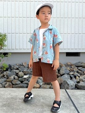「NIKE（ナイキ）のナイキ リフト ベビーシューズ / Nike Little Rift Baby/Toddler Shoes 317415-014 Black（スニーカー、ブラック系）」を使った、deee🐏さん（キッズ・90cm）の夏コーディネート