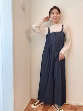 「nissen（ニッセン）の小さいサイズ　麻調シリーズ　オールインワン　低身長さん・小柄女性（オールインワン・サロペット、ブルー系）」を使った、かないもさん（レディース・154cm）の春コーディネート