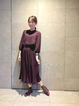 「nissen（ニッセン）の小さいサイズ　８分袖ピンタックプリーツワンピース　低身長さん・小柄女性（ワンピース、レッド系）」を使った、かないもさん（レディース・154cm）の春コーディネート