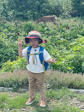 「アイテム（バックパック/リュック）」を使った、AMANE さん（キッズ・90cm）の秋コーディネート