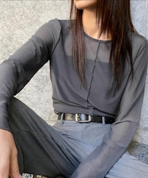 SHEIN | FRIFUL シアーフィッティングレイヤリングトップ カラー:グレー／サイズ:XL(Tシャツ/カットソー)