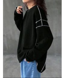 SHEIN | FRIFUL ステッチロングスリーブワッフルTシャツ カラー:ブラック／サイズ:XL(Tシャツ/カットソー)