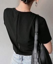 SHEIN | FRIFUL ラウンドネックバックレスホールアウトTシャツ カラー:ブラック／サイズ:L(Tシャツ/カットソー)