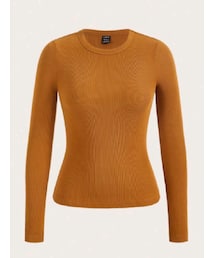 SHEIN | SHEIN BASICS リブニットロングTシャツ ¥813 カラー：ブラウン／サイズ：M(JP−XL)(Tシャツ/カットソー)