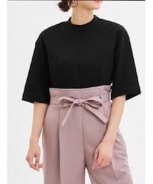 GU | ハイネッククロップドT（5分袖）カラー：09 BLACK／サイズ：L(Tシャツ/カットソー)