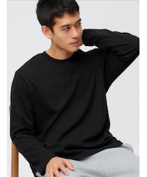 GU | ソフトコットンクルーネックT(長袖)カラー：09 BLACK／サイズ：ユニセックスL(Tシャツ/カットソー)
