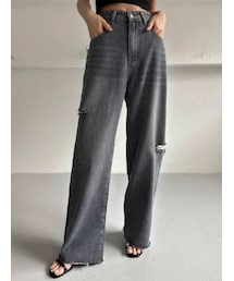 SHEIN | DAZY ハイウエストダメージワイドレッグジーンズ ¥1,250 カラー：グレー／サイズ：M(デニムパンツ)
