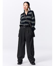 GU | ヘリンボーンタックワイドパンツ+EC(丈長め80.0cm) カラー: 08 DARK GRAY／サイズ:M(スラックス)