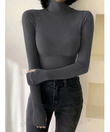 SHEIN | DAZY スタンドカラー長袖Tシャツ カラー：グレー／サイズ：XL(Tシャツ/カットソー)