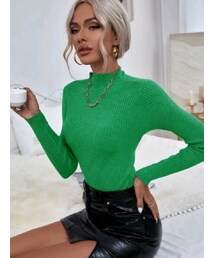 SHEIN | SHEIN BIZwear モックネックリブニット¥1,046 カラー：グリーン／サイズ：L(JP−XXL)(ニット/セーター)
