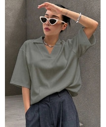 SHEIN | SHEIN/DAZY ドロップショルダー襟付きTシャツ カラー：Grey／サイズ：M(ポロシャツ)