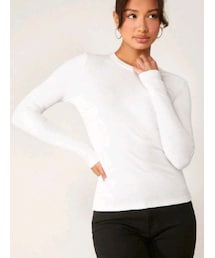 SHEIN | SHEIN BASICS コットン無地柄リブニットTシャツ¥1,113／カラー：ホワイト／サイズ：L(Tシャツ/カットソー)