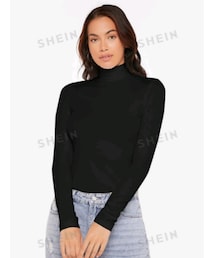 SHEIN | SHEIN BASICS リブ編みタートルネックフィットTシャツ カラー:Black／サイズ:M(JP-XL)(Tシャツ/カットソー)
