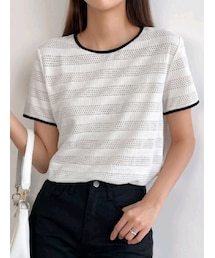 SHEIN | SHEIN/DAZY コントラストバインディングシアーボーダーシャツ¥767/サイズ:M(Tシャツ/カットソー)