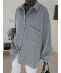 SHEIN | DAZY パッチポケットドロップショルダーシャツ カラー:Dusty Blue／サイズ:L(シャツ/ブラウス)