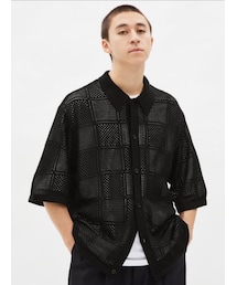 GU | MENS ウォッシャブルメッシュニットシャツ(5分袖) サイズ：L／カラー：09 BLACK(シャツ/ブラウス)
