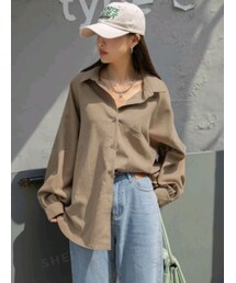 SHEIN | DAZY パッチポケットドロップショルダーコーデュロイシャツ カラー:カーキ／サイズ:L(シャツ/ブラウス)