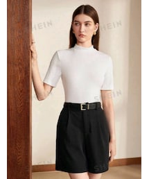 SHEIN | SHEIN BIZwear モックネックリブニットTシャツ カラー：ホワイト／サイズ：XL(JP-3XL)(Tシャツ/カットソー)