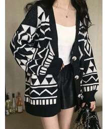 SHEIN | ジオメトリック柄ドロップショルダーオーバーサイズカーディガン／サイズ：L(カーディガン/ボレロ)