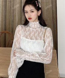 SHEIN | 無地柄 ラッフルスリーブ シアー レース トップス(Tシャツ/カットソー)