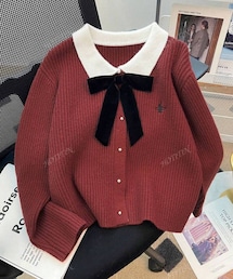 SHEIN | 秋冬 カレッジスタイル カラーコントラスト ボー ラペル 長袖 刺繍 レディース セータートップス カーディガン カーディガン(カーディガン/ボレロ)