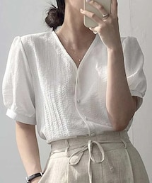 SHEIN | DAZY 無地柄 ボタンフロントパフスリーブブラウス(シャツ/ブラウス)