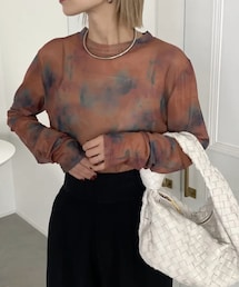 CFT. | fog pattern crew neck tulle sheer tops/ teracotta (Tシャツ/カットソー)