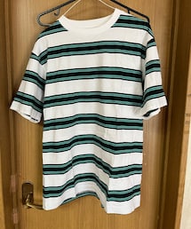 UNIQLO | ユニクロ　ボーダーボートネックTシャツ半袖　ホワイト（ベース）×ブラック×ターコイズブルー(Tシャツ/カットソー)