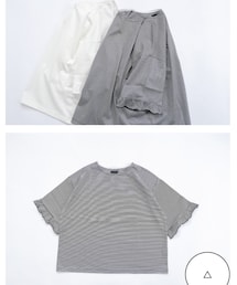 オオカミとフクロウ | 綿100%  日本製　袖にフリル。細ボーダー。(Tシャツ/カットソー)