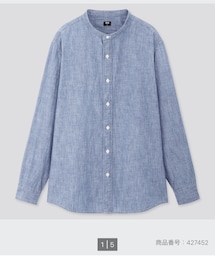 UNIQLO | シャンブレースタンドカラーシャツ（長袖）肌触りが良く、着心地の軽いシャンブレー素材。袖下から脇にかけては60番糸を使った巻き縫いのダブルステッチにすることで、縫い目に程良い縫い縮みの出るパッカリングが入り、カジュアルな仕上がりに。カジュアルながらも上品なルックスで着こなしのアクセントになるスタンドカラー。第1ボタンを開けた時に、ほど良い開きになる襟元。(シャツ/ブラウス)