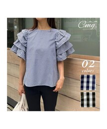 Charming charlie | チャーミング KHAKI KOJI 【2023年　春夏】ギンガムチェック　肩フリル　デザインプルオーバー　ミセス　即納(トップス)