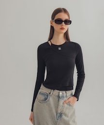 PAZZO | MIT品牌LOGO斜肩造型假兩件式上衣(トップス)