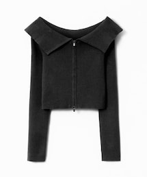 PAZZO | 拉鍊式坑紋一字領針織上衣(アンサンブル)