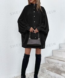 SHEIN | SHEIN Frenchy モックネック バットウイングスリーブ ボタンフロント シャツドレス(シャツワンピース)