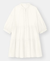 GU | シアーバンドカラーティアードチュニックブラウス(5分袖)Q(シャツ/ブラウス)