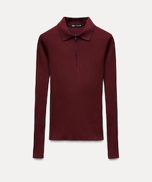 ZARA | Ribbed Polo Neck T-Shirt Burgundy(トップス)